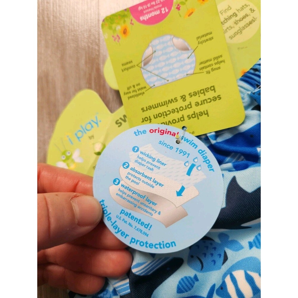 NWT i play iplay green sprouts Swim Swimsuit Diaper Reusable Blue Sharks 12M - Picture 5 of 10